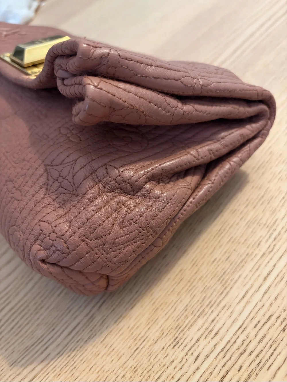 Louis Vuitton Mauve Taupe Leather Monogram Clutch with Gold Mirror